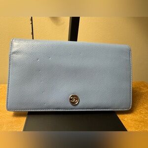 Authentic Chanel Long Wallet, Baby Blue Leather